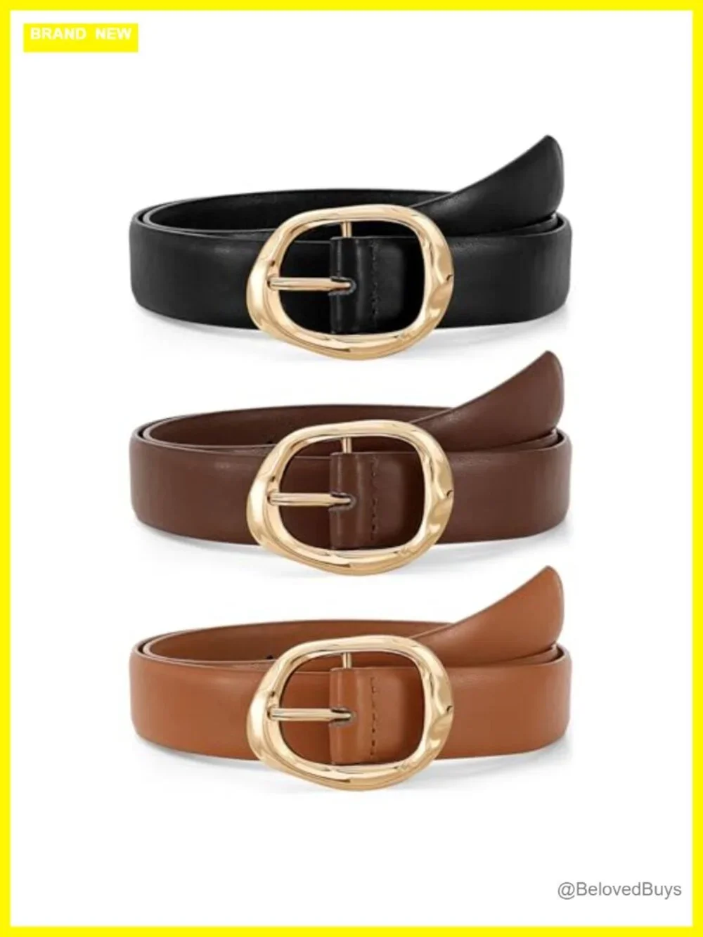 3 Pack Women's Faux Leather Belts with Gold Buckle Casual
